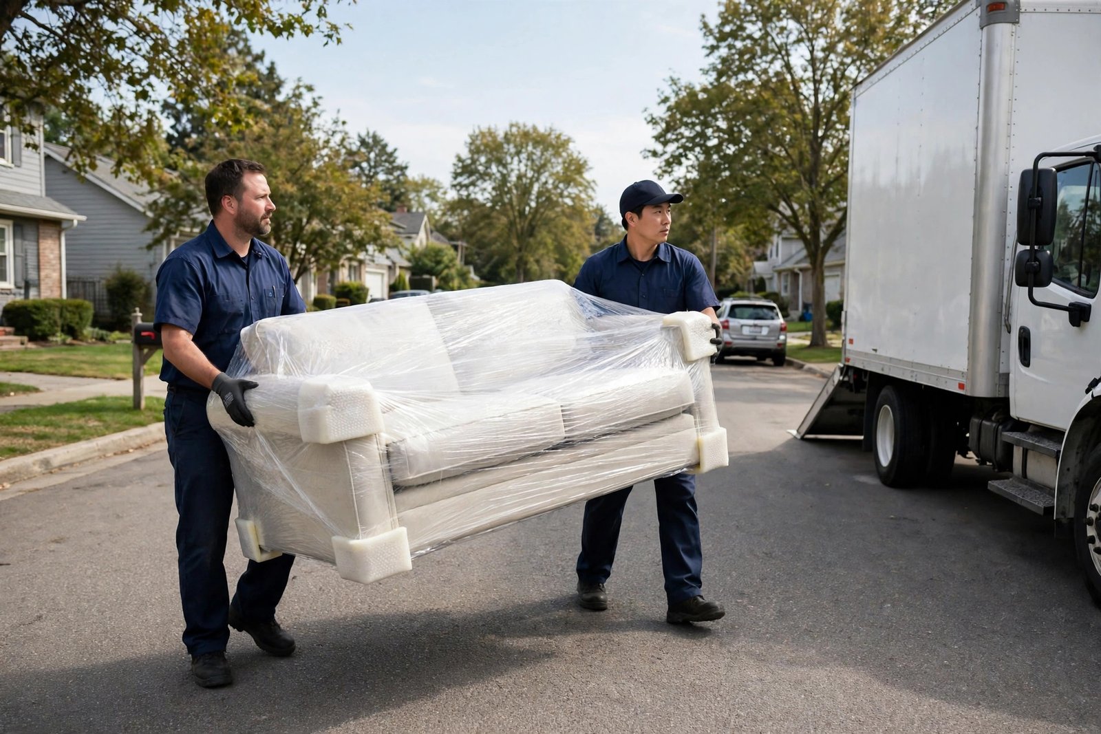 King Movers team carrying a wrapped sofa to the truck