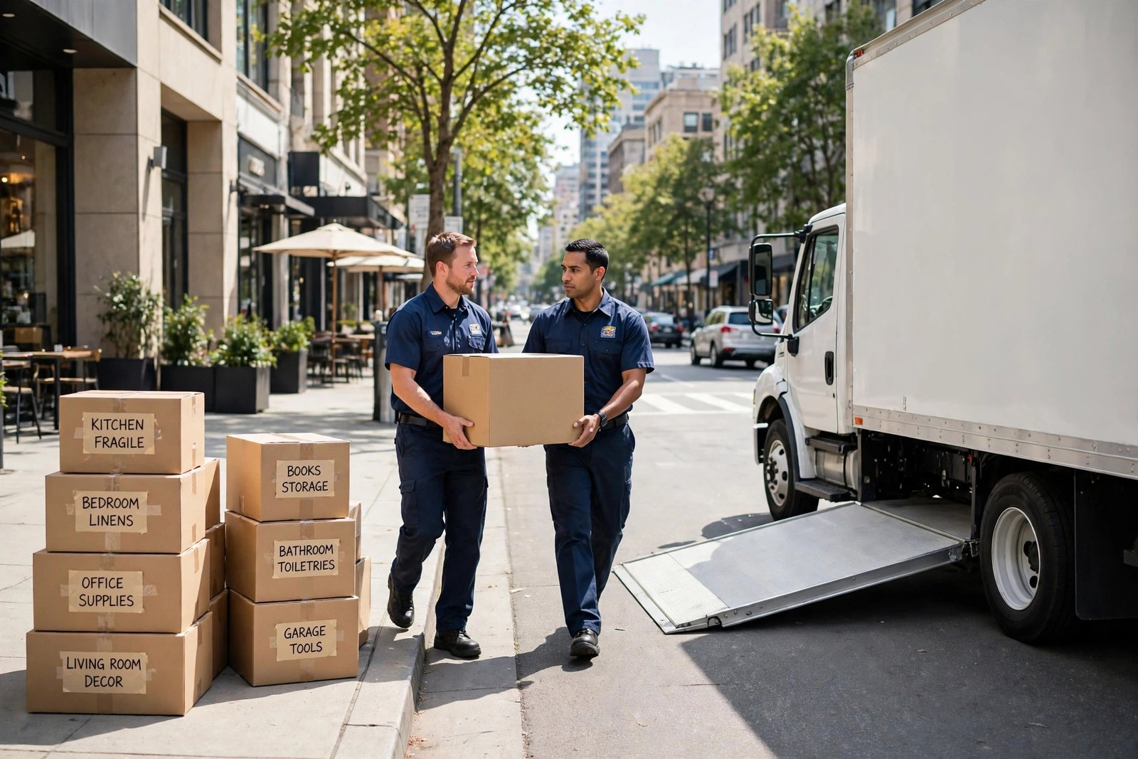 King Movers team loading labelled boxes into a moving truck