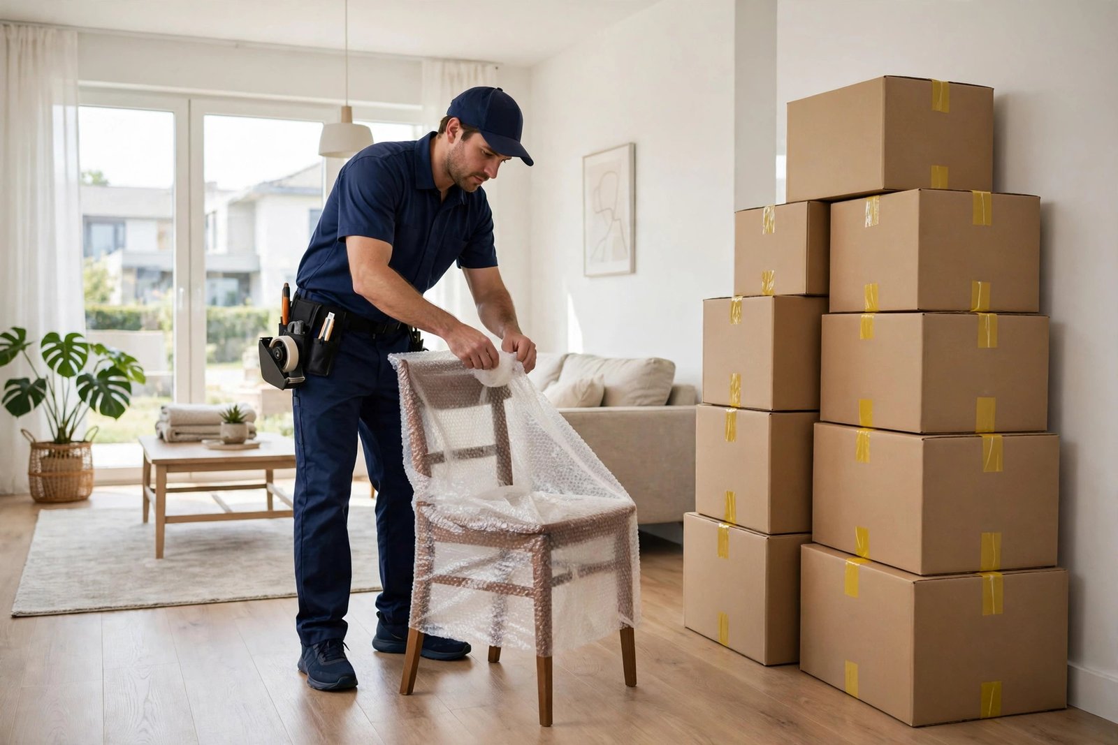 King Movers crew member carefully wrapping furniture before a move